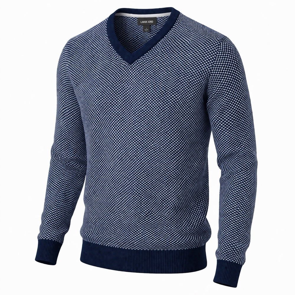 Lands' End Men's XL Supima Cotton Navy White Geometric V-Neck Pullover Sweater - Picture 2 of 6